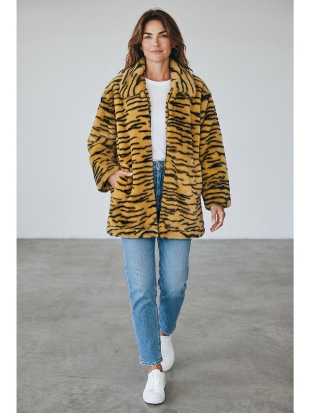 vintage Animal Print Faux Fur Zip Front Coat Jacket Womens sz XL